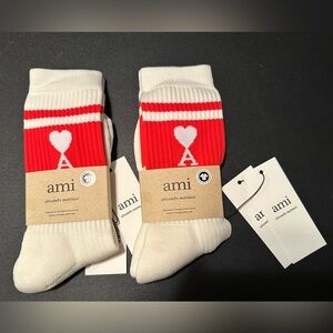 2 pair Ami Paris De Coeur Sock Socks Alexandre Mattiussi Red White Striped Heart